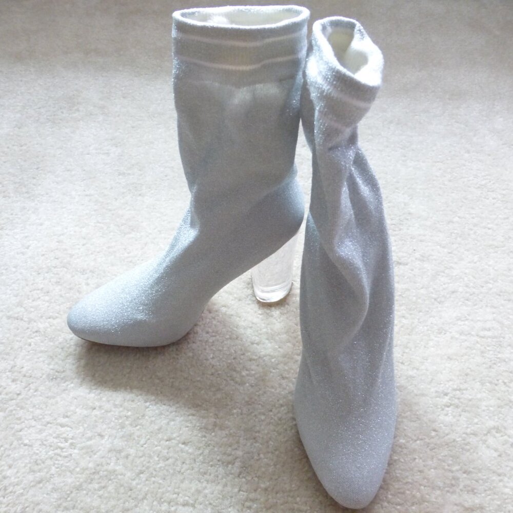 ALDO shimmery silver & white pull on sock mid-ankle boots with "Love" print